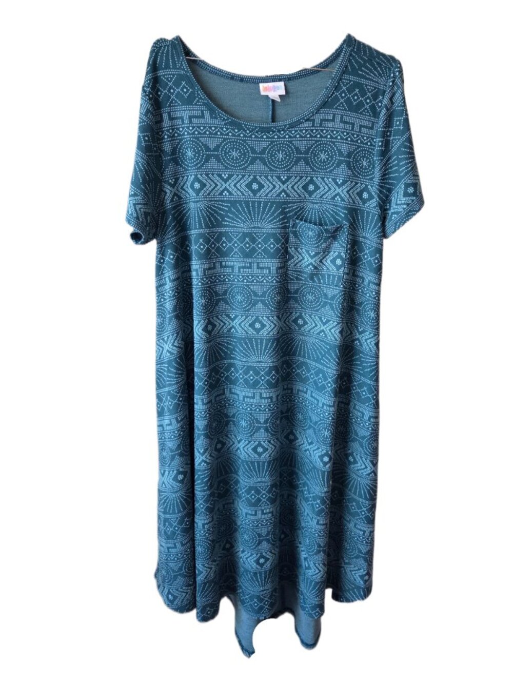 LuLaRoe Teal Carly Swing Dress with Geometric Aztec Pattern Pocket on Chest